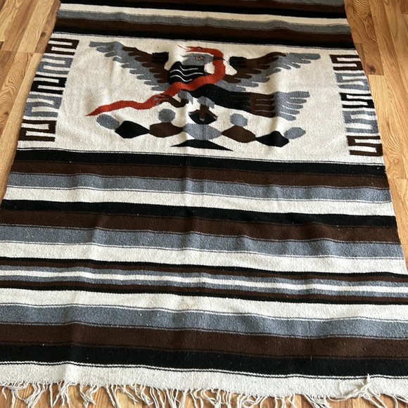 Vintage Mexican wool rug blanket eagle snake brown black stripe fringe boho82x47 - Picture 14 of 16